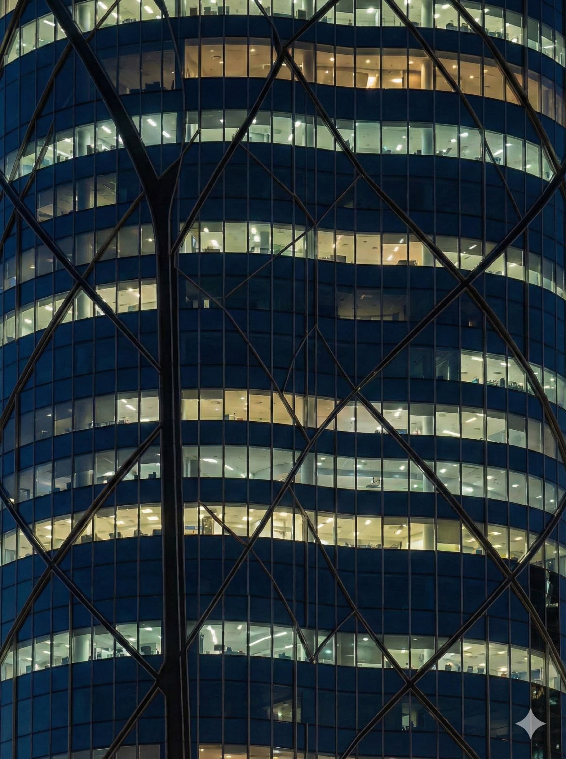 Night-lit tower facade